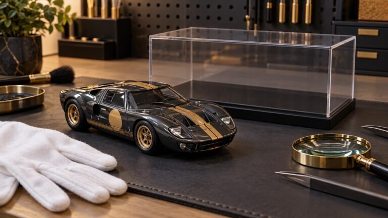 Illustrative die-cast car with protective case and inspection tools