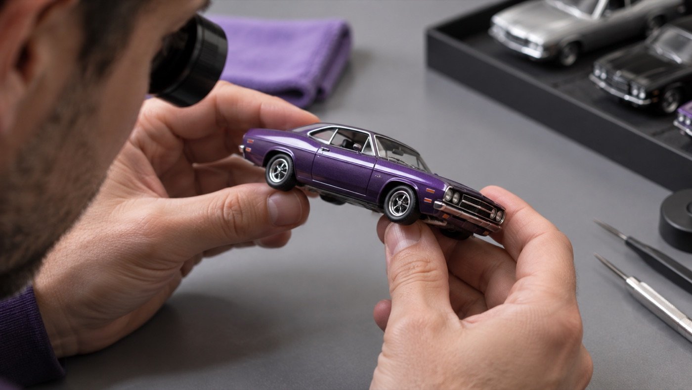 Collector inspecting the wheel and paint of an illustrative model car