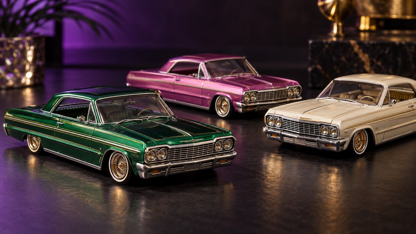 Illustrative group of colorful classic lowrider die-cast cars