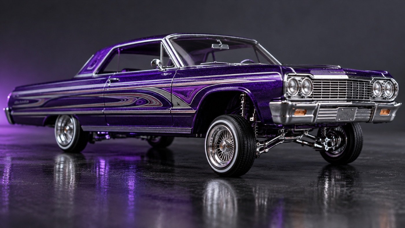Illustrative purple lowrider model showing stance and wheel detail