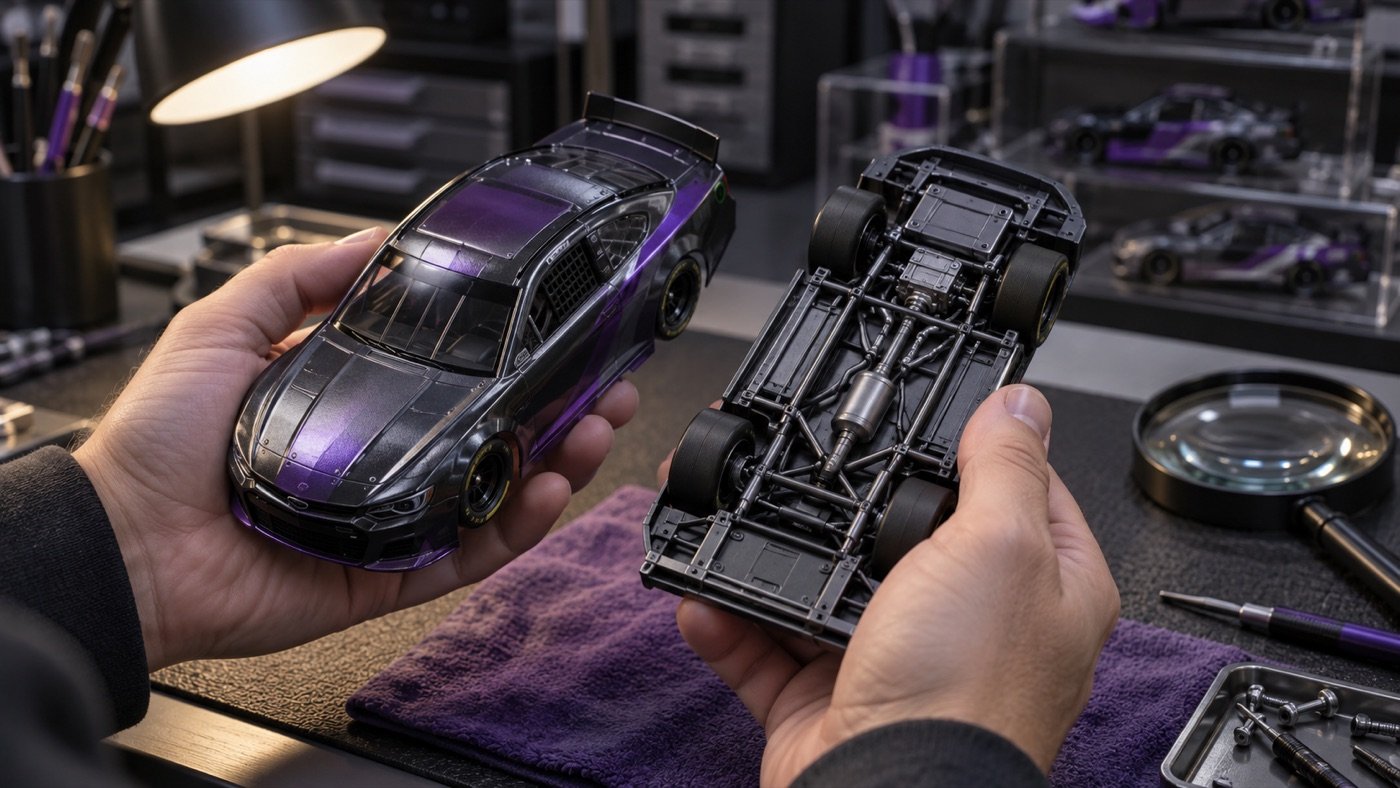 Collector comparing details on an illustrative stock car miniature