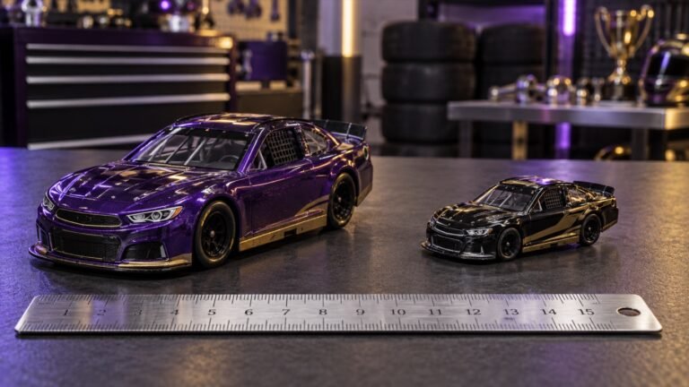 Two illustrative die-cast race cars at different scales beside a ruler
