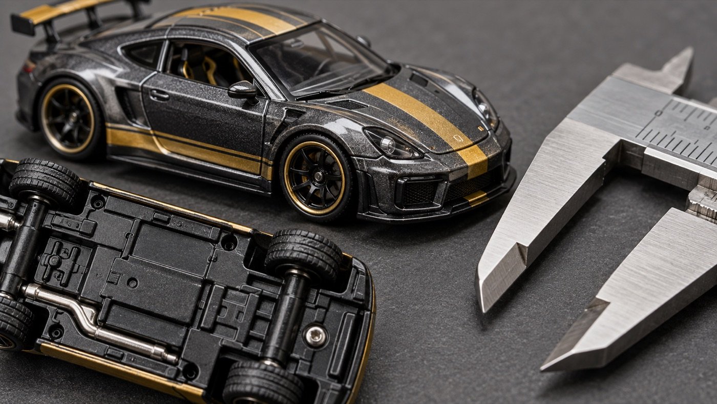 Illustrative die-cast car and caliper for comparing model details