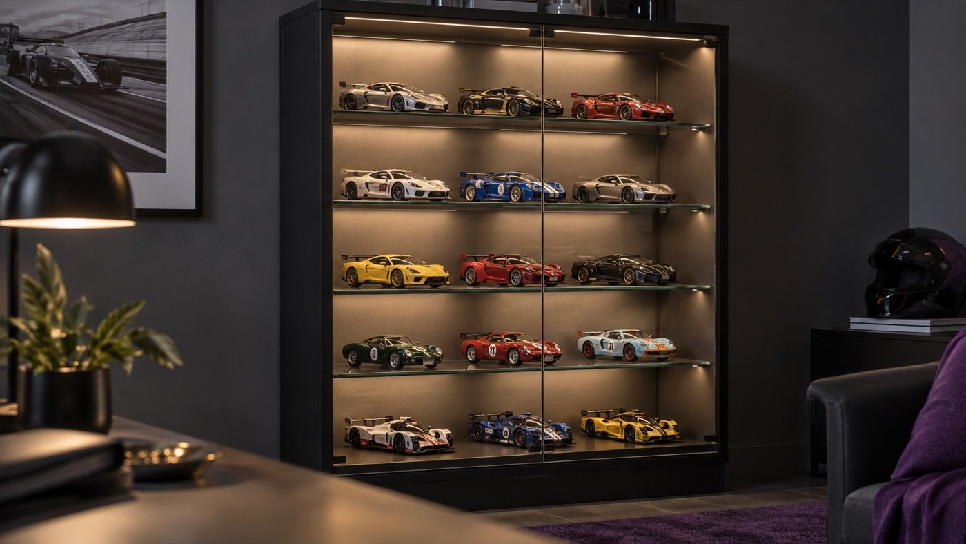 Illustrative cabinet displaying a collection of die-cast cars