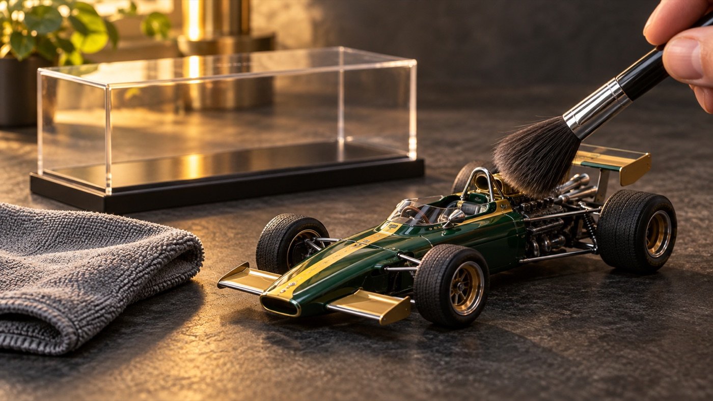 Soft brush cleaning an illustrative die-cast racing car near a display case